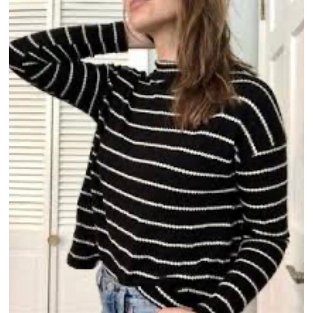 Anthropologie Sz M Mock Neck Stripe Top Black Stretch Ribbed Soft Comfy Fall NWT